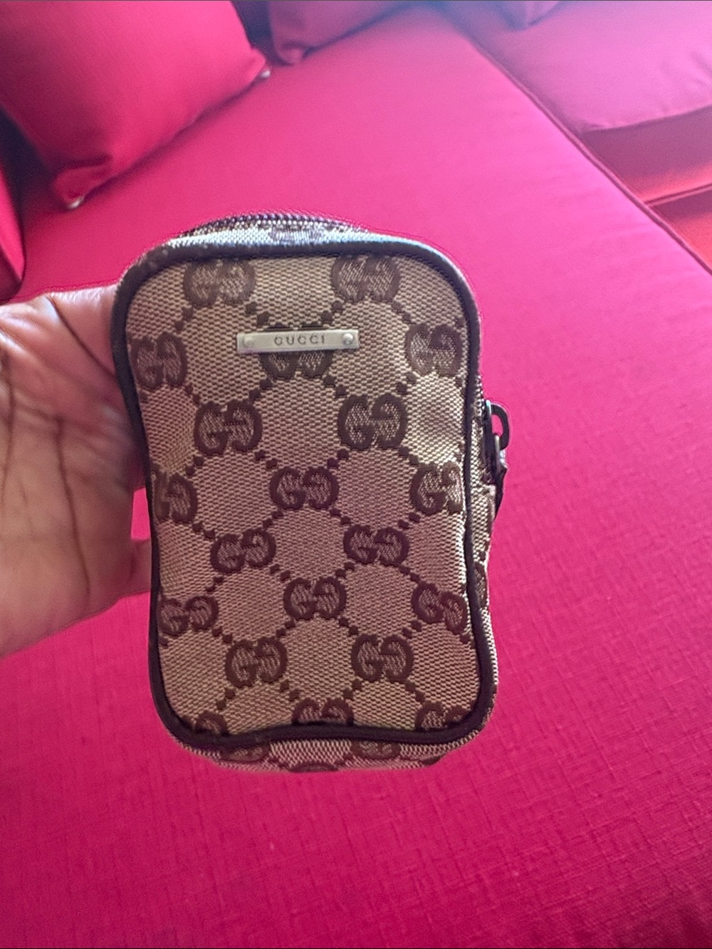 Gucci Beige and Brown Monogram Mini Pouch with Metal Logo